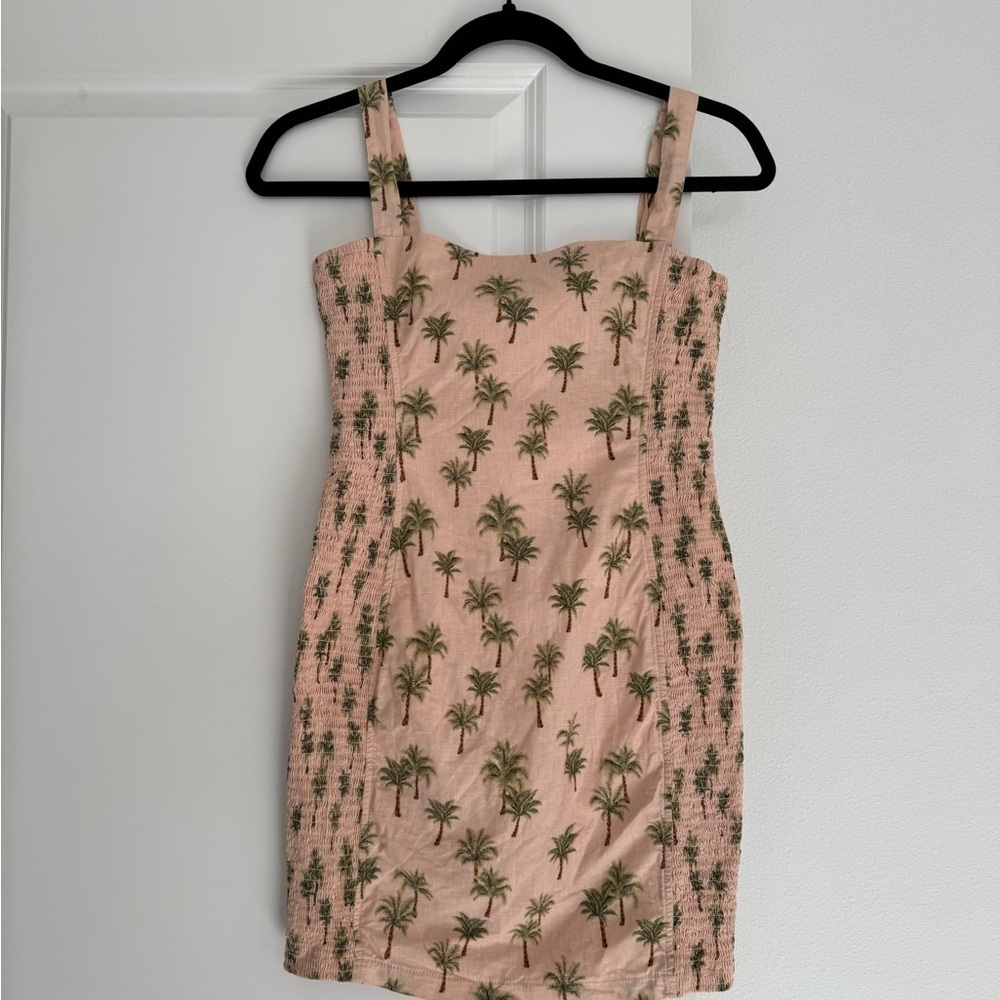 Robin K Heritage linen blend pink palm tree print smocked detail dress SMALL